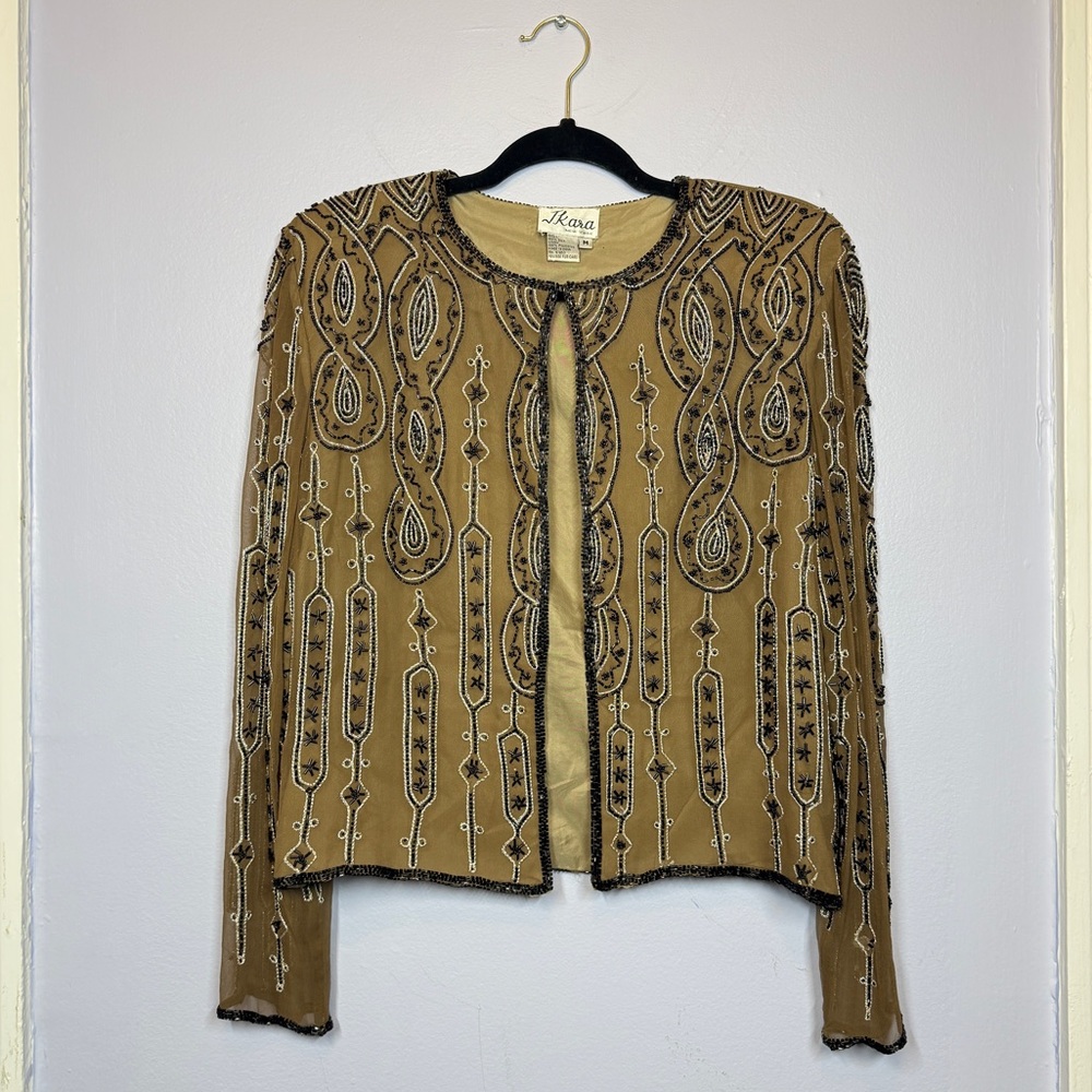 Vintage 90s JKara black and tan beaded long sleeve jacket size medium